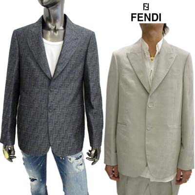 フェンディ FENDI メンズ ジャケット セットアップ着用可(ボトムス別売り) 全体FFモノグラム・裏地ロゴパッチ付きシングルブレストシルク混ウールジャケット ベージュ/ネイビー FJ0768 APOK F0QB9/F0QA2 (R335500/R352000) GB322 2023年秋冬新作 【送料無料】 【smtb-TK】