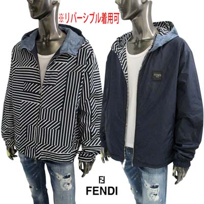 フェンディ FENDI メンズ アウター ジャケット ウィンドブレーカー リバーシブル着用可 片面シャドー柄ビックFFロゴ・片面ロゴパッチ/フード全体FFズッカ柄入りジャケット ネイビー FAA906 APX6 F0QA2 (R297000/R312400) GB322 2023年秋冬新作 【送料無料】 【smtb-TK】