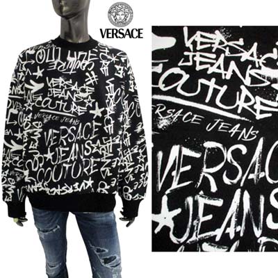 ヴェルサーチジーンズクチュール VERSACE JEANS COUTURE メンズ トップス トレーナー スウェット 全体グラフィティロゴ/スター/アロープリント入り裏起毛トレーナー ブラックホワイト 75GAI3O0 FS093 899 (R61600) 322 2023年秋冬新作 【送料無料】 【smtb-TK】