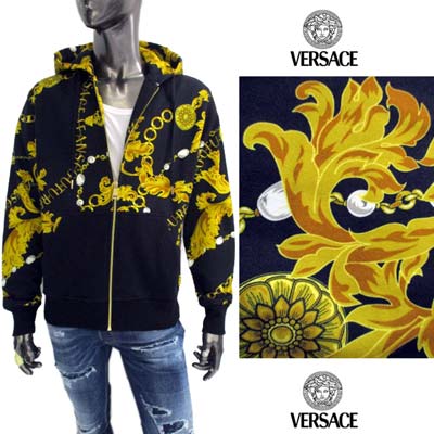 楽天ガッツ ブランドショップヴェルサーチジーンズクチュール VERSACE JEANS COUTURE メンズ パーカー フーディ スウェット チェーン/ロゴ/バロック柄・フロントジップ部分ロゴ刻印付き裏起毛ジップアップパーカー ブラック 75GAI3Z0 FS102 G89 （R86900） 322 2023年秋冬新作 【送料無料】 【smtb-TK】