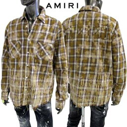 アミリ AMIRI メンズ カジュアルシャツ 長袖 チェック柄/ブリーチ加工・袖/裾ロゴライン・バックロゴ・レフトチェストポケット部分ロゴプレート・裾ほつれ加工入りカジュアルシャツ ブラウン PF23MSL011 210 (R154000) GB322 2023年秋冬新作 【送料無料】 【smtb-TK】