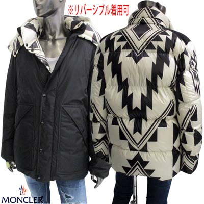 モンクレール(MONCLER)メンズ ダウンジャケット HORDELYME リバーシブル フロントスナップボタン留め・片面幾何学模様入りダウンコート ロング丈 ハーフ丈 白 黒