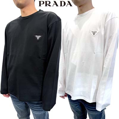 プラダ PRADA メンズ トップス ロンT Tシャツ 長袖 ロングTシャツ 2色展開 チェスト部分トライアングルロゴパッチ入りロングスリーブTシャツ ホワイト/ブラック UJL68A 240 F0009/F0002 (R154000/R165000) GB421 2024年春夏新作 【送料無料】 【smtb-TK】