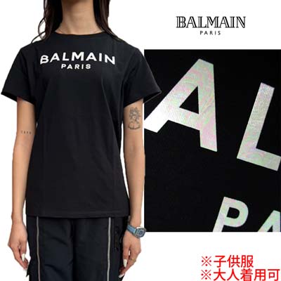 バルマン(BALMAIN)ガールズ ボーイズ 大人着用可 半袖Tシャツ カットソー ジュニア フロントオーロラカラーブランドロゴ入りショートスリーブTシャツ 黒