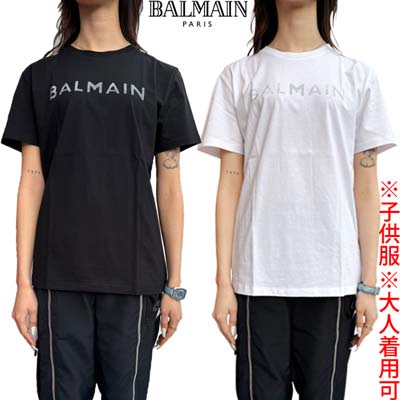 バルマン(BALMAIN)ガールズ ボーイズ 大人着用可 半袖Tシャツ カットソー ジュニア フロントシルバースタッズロゴ入りショートスリーブTシャツ 白/黒