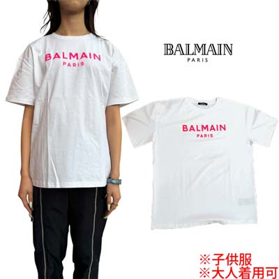 バルマン(BALMAIN)ガールズ ボーイズ 大人着用可 半袖Tシャツ カットソー ジュニア フロントピンクブランドロゴ入りショートスリーブTシャツ 白