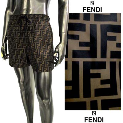 フェンディ FENDI メンズ 水着 スイムウェア 海パン ハーフパンツ ビーチウェア 全体ブラックFFモノグラムロゴ・ウエスト紐・ロゴ入り専用袋付きスイムパンツ ブラウンカーキ系 黒系 FXB077 A79F F13IZ (R97900) 421 2024年春夏新作 【送料無料】 【smtb-TK】