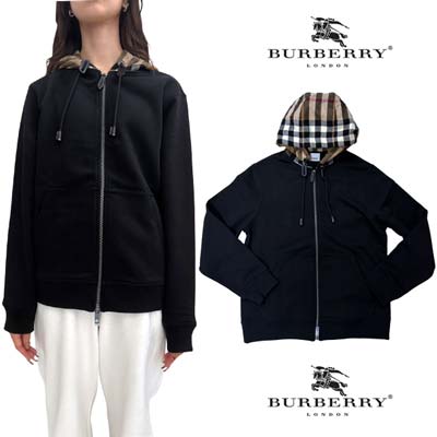 バーバリー BURBERRY パーカー フーディ スウェット レディース WILLOWCHK トップス ノヴァチェック柄フード・フロントカンガルーポケット付きジップアップパーカー ブラック 8055868 121044 A1189 (R140800) 421 2024年春夏新作 【送料無料】 【smtb-TK】