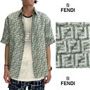 フェンディ FENDI カジュアルシャツ メンズ 半袖 トップス 全体ホワイトFFモノグラムロゴ入りフライフロントカジュアルリネンシャツ グリーン FS0795...