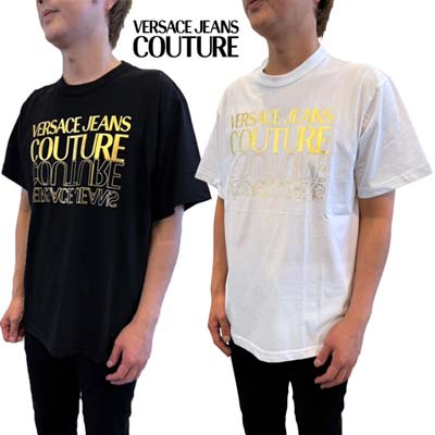 樂天商城 - ヴェルサーチジーンズクチュール VERSACE JEANS COUTURE Tシャツ 半袖 メンズ 2色 ロゴT ゴールドロゴ/アップサイドダウン縁取りロゴ入りショートスリーブコットンTシャツ ホワイト/ブラック 76GAHT10 CJ00T G03/G89 (R28600) 421 2024年春夏新作 【送料無料】 【smtb-TK】