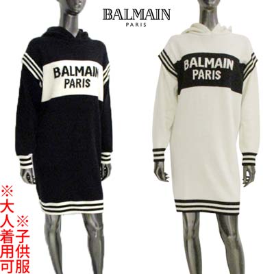 バルマン BALMAIN ワンピース キッズ 子供服 ドレス ニット セーター 大人着用可 フロントロゴ・裾/袖/袖口ライン・フード付きカシミヤ混ウールニットワ...