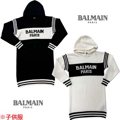 バルマン BALMAIN ワンピース キッズ 子供服 ドレス ニット セーター ※サイズにより大人着用可 ロゴ・裾/袖/袖口ライン・フード付カシミヤ混ウールニッ...