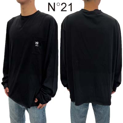 樂天商城 - N°21 ヌメロヴェントゥーノ ロンT ロングTシャツ 長袖 メンズ トップス チェストポケット部分ホワイト刺繍ヤシの木/ブランドロゴ入りロングスリーブコットンTシャツ ブラック 24I N1M0 F031 4157 9000 (R38000) 422 2024年秋冬新作 【送料無料】 【smtb-TK】