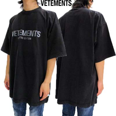 VETEMENTS ヴェトモン 半袖Tシャツ メンズ ユニセックス ロゴT クリスタルドットロゴ・バックネックブランド刺繍ロゴ入りウォッシュドショートスリーブT...