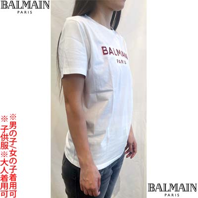 バルマン BALMAIN Tシャツ キッズ 子供服 半袖 カットソー ユニセックス 大人着用可 ボーイズ ガールズ フロントスパンコールブランドロゴ入りショートスリーブTシャツ ホワイトレッド BU8Q31 Z0057 100RO 12A/13A/14A (R46000) 421 2024年春夏新作 送料無料 【smtb-TK】