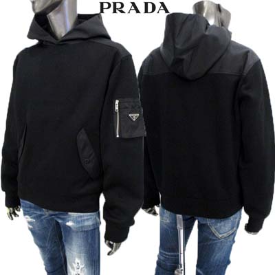 PRADA プラダ パーカー メンズ フーディ スウェット 左腕トライアングルロゴ付きジップポケット・スナップボタン付きポケット付き素材切り替えしデザインプルオ...