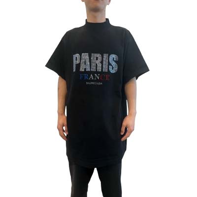 BALENCIAGA バレンシアガ 半袖Tシャツ ユニセックス カットソー ブランドロゴ スタッズ フランスカラー ブラック 787349 TRVL5 1000...