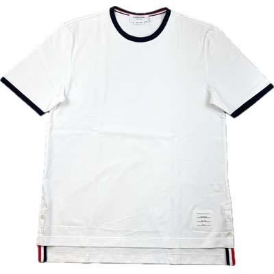 乐天商城 - THOM BROWNE トムブラウン 半袖Tシャツ メンズ ロゴパッチ トリコロールライン リンガーデザイン クルーネック コットン100% ホワイト MJS083A-00042-100 (R69300) COLOG621 新作 【送料無料】