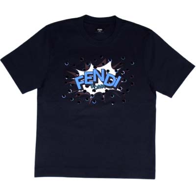 乐天商城 - FENDI フェンディ 半袖Tシャツ メンズ 刺繍ロゴ ドットデザイン クルーネック コットン100% ダークブルー FY0936AW0XF0QG0 (R173800) MENGO621 新作 【送料無料】