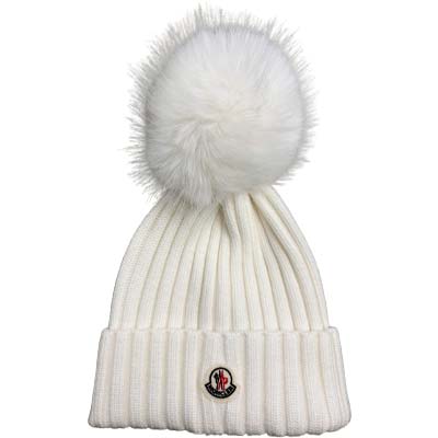 乐天商城 - MONCLER モンクレール ニット帽 レディース キャップ ポンポン ロゴワッペン ウールニットビーニー ホワイト L10933B00020M1131034 (R69500) GROP621 新作 【送料無料】