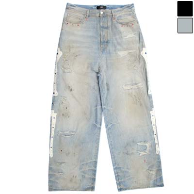 AMIRI アミリ ジーンズ メンズ バギー ボーンレザーパッチ スタッズ ラインストーン ダメージ加工 デニムパンツ インディゴ/ブラック AMBMJE1011 (R318100) MENGO621 新作 【送料無料】
