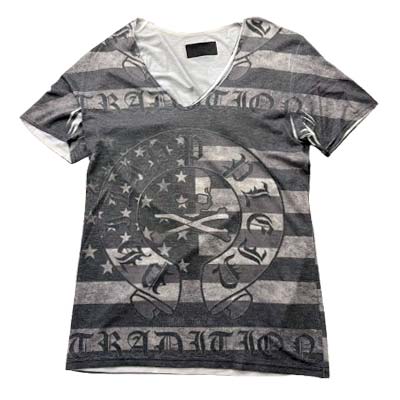 PHILIPP PLEIN フィリッププレイン Tシャツ メンズ 半袖 スカル アメリカ国旗 星条旗 ホースシュー Vネック グレー SS13-HM9102-01 (R43800) WA13S 新作 【送料無料】
