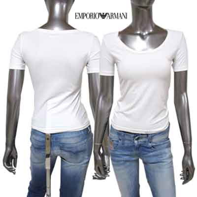 【訳あり 色焼け/黄ばみ有】ARMANI アルマーニ レディース トップス Tシャツ ロゴ 胸元ロゴデザイン付き・UカットTシャツ ホワイト 161819 CC200 00010 (R12800) 8S 【送料無料】 【smtb-TK】