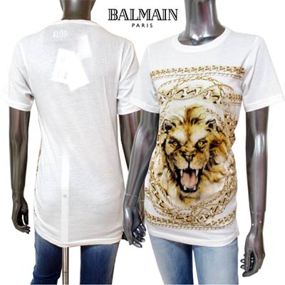 バルマン BALMAIN レディース トップス Tシャツ 半袖 ロゴ ゴールドチェーン・ライオンアートロゴプリントTシャツ ホワイト 8161 290I C5200 14S (R45800) 