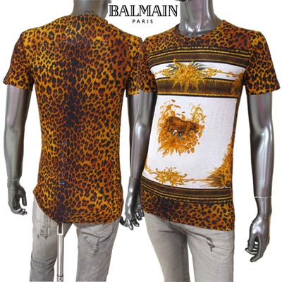 バルマン BALMAIN メンズ トップス Tシャツ 半袖 ロゴ ヒョウ柄 花柄 フラワー柄・レオパードプリントTシャツ マルチカラー ひょう柄 ブラウン 茶色...