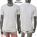 訳あり 黄ばみ有 ジョンガリアーノ JOHN GALLIANO メンズ Tシャツ 半袖 トップス 裾部分ループ加工/ロゴ入りVネックTシャツ ホワイト 白 色違い(ブラック)有 T47 H102 110C (R12800) 【送料無料】【smtb-tk】 SF11S