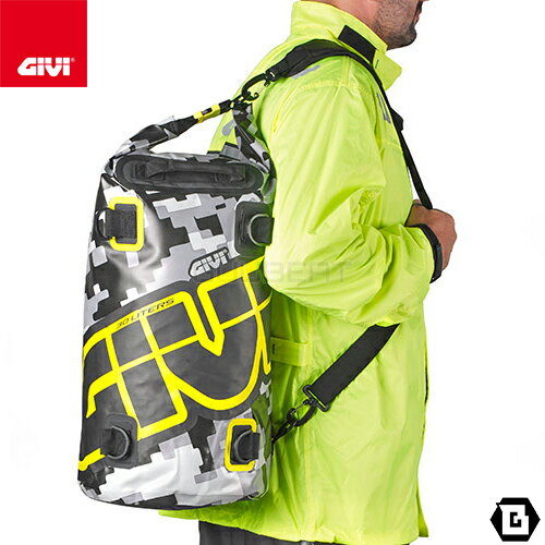 GIVI EA114CM 防水ドラムバッグ 30L容量 カモフラージュパターン グレー×イエロー 汎用タイプ バイク用