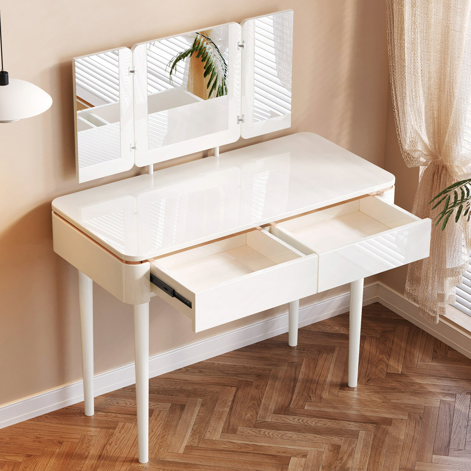 LEDライト付きドレッサー 三面鏡 折りたたみ式 2杯引き出し収納付き ホワイト 化粧台 寝室用 多機能デスク 三面鏡ドレッサー LED照明付き 大容量収納 引き出し2杯 北欧風 おしゃれ化粧台 寝室・リビング・書斎など様々な空間に対応。デスクとしても使用可能。