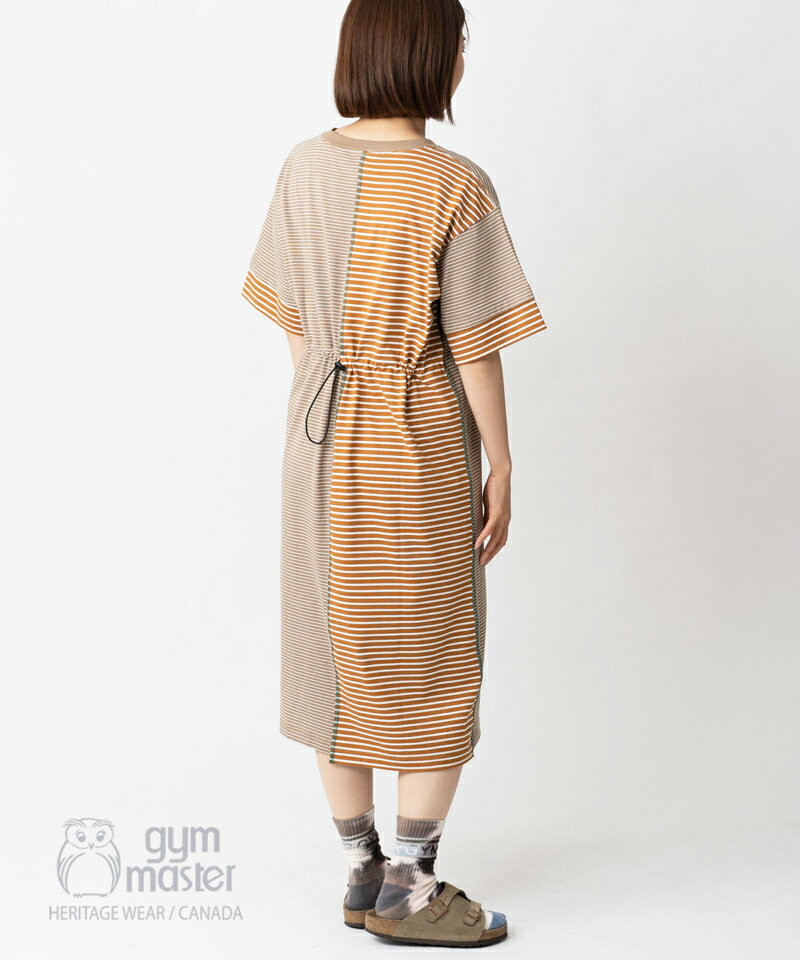 gym master 公式切り替えボーダーワンピース｜レディース 切り替え 夏服 春夏 ロング ドローコード ビッグシルエット 大きめサイズ シンプル カジュアル クレイジー マルチカラー 赤 レッド ベージュ ネイビー 紺色 ブラック 黒｜ジムマスター G333721