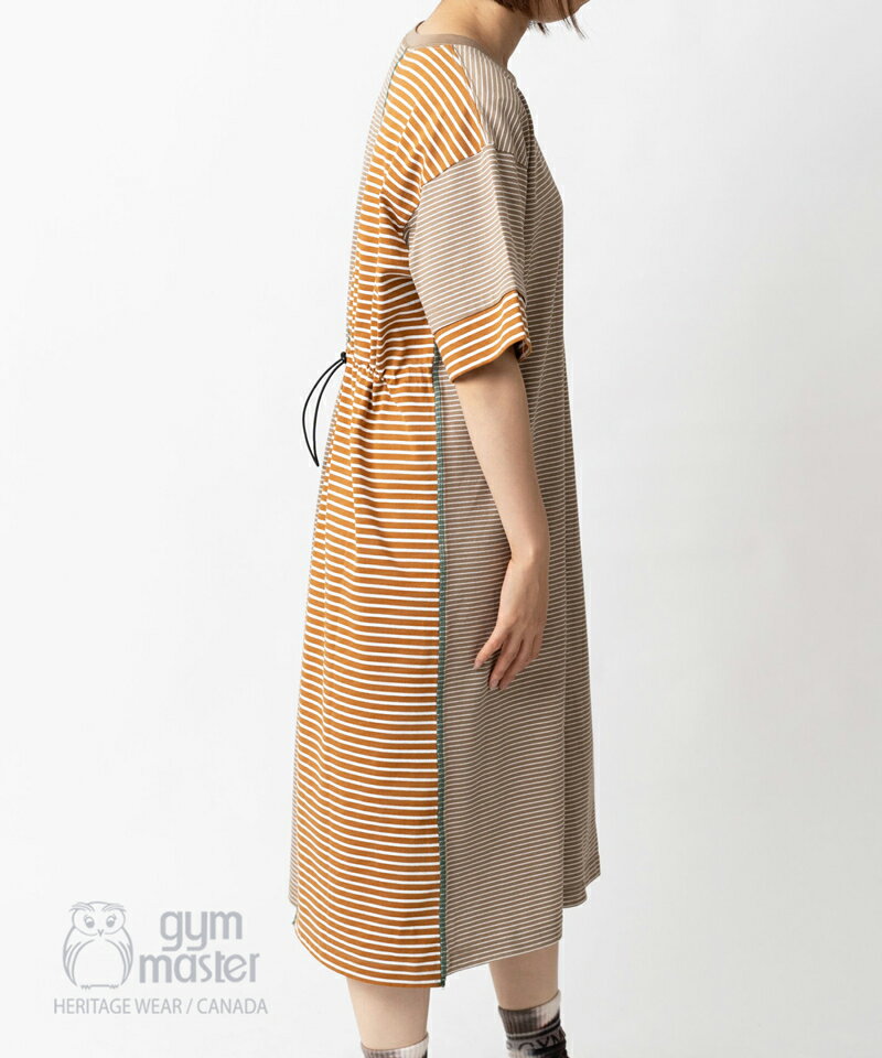 gym master 公式切り替えボーダーワンピース｜レディース 切り替え 夏服 春夏 ロング ドローコード ビッグシルエット 大きめサイズ シンプル カジュアル クレイジー マルチカラー 赤 レッド ベージュ ネイビー 紺色 ブラック 黒｜ジムマスター G333721