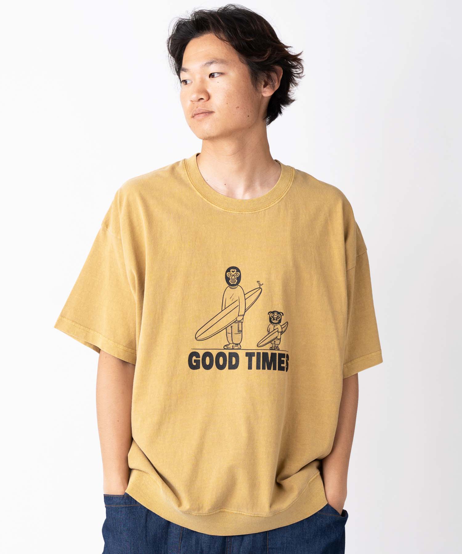gym master 公式 6.2oz ピグメントGOOD TIMES ビッグTee｜メンズ レディース ユニセックス 春夏 夏服 トップス Tシャツ プリントTシャツ 半袖Tシャツ かわいい おしゃれ マスクマン 覆面レスラー プロレス カジュアル ブランド サーフィン サーファー｜ジムマスター G733784