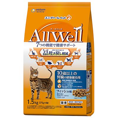 ユニチャーム　All Well オールウェル　10歳以上の腎臓の健康維持用 　フィッシュ味挽き小魚とささみフリーズドライパウダー入り　1.5kg×5袋