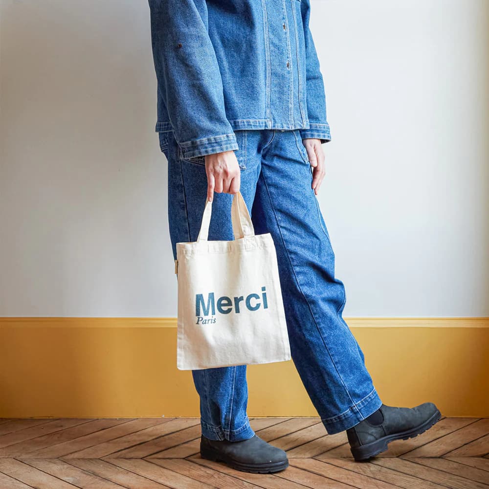 日本未発売【パリ直輸入】Merci cotton Tote Bag - Écru & Bleu Vert メルシーパリ トートバッグ コットンBIO製 エクリュ&ブルーグリーン Mini