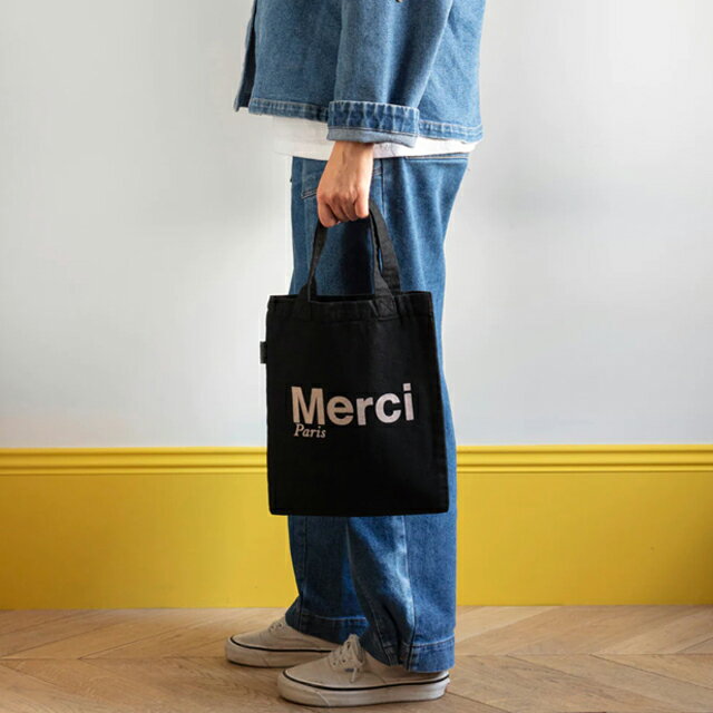 日本未発売【パリ直輸入】Merci cotton Tote Bag - Black&Cream メルシーパリ トートバッグ コットンBIO製 ブラック×クリーム Mini