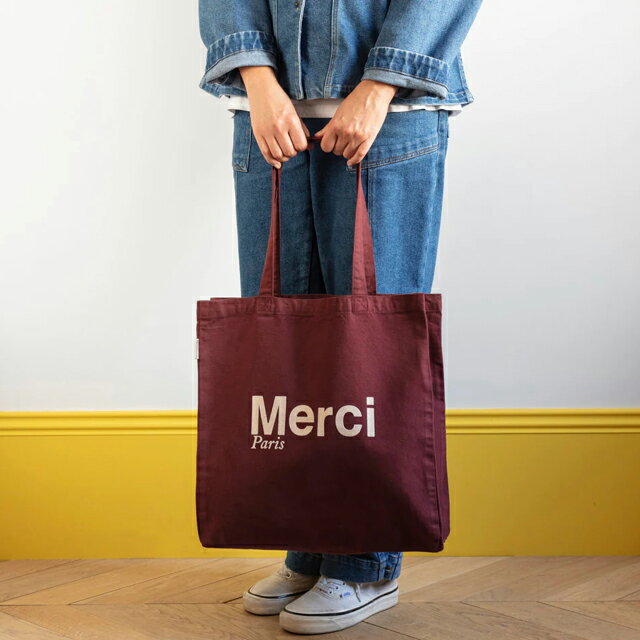 日本未発売【パリ直輸入】Merci cotton Tote Bag - Burgundy Cream メルシーパリ トートバッグ コットンBIO製 バーガンディ クリーム Large