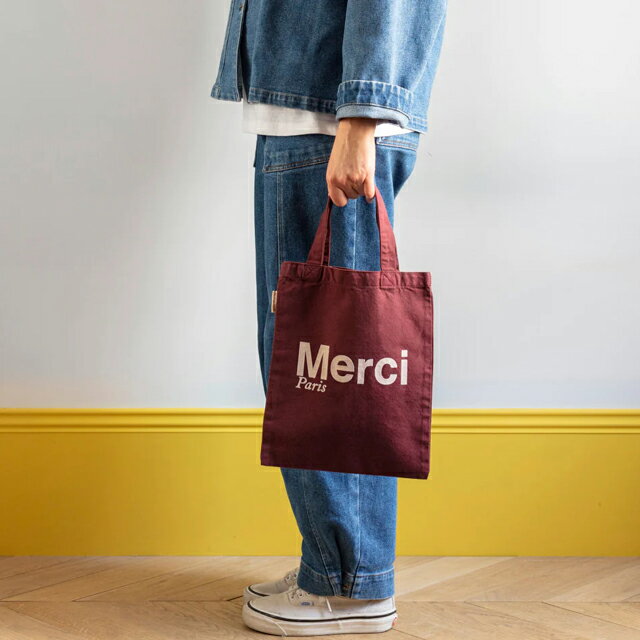 日本未発売【パリ直輸入】Merci cotton Tote Bag - Burgundy Cream メルシーパリ トートバッグ コットンBIO製 バーガンディ×クリーム Mini