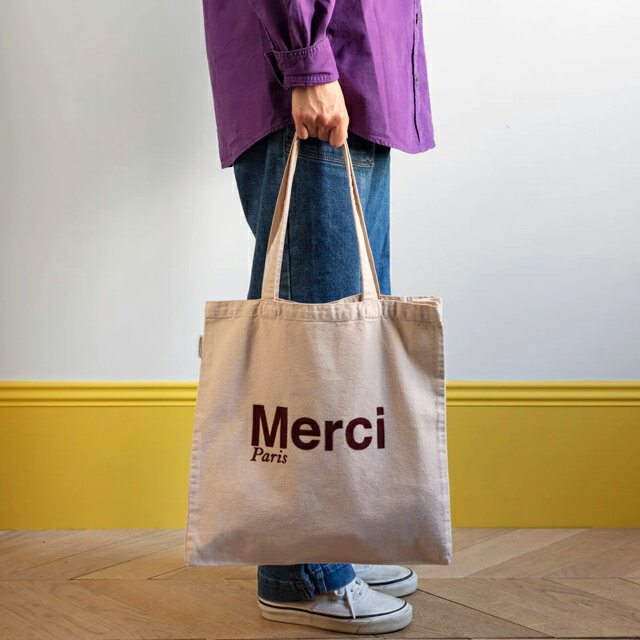 日本未発売【パリ直輸入】Merci cotton Tote Bag - Cream & Burgundy メルシーパリ トートバッグ コットンBIO製 クリーム&バーガンディ Large