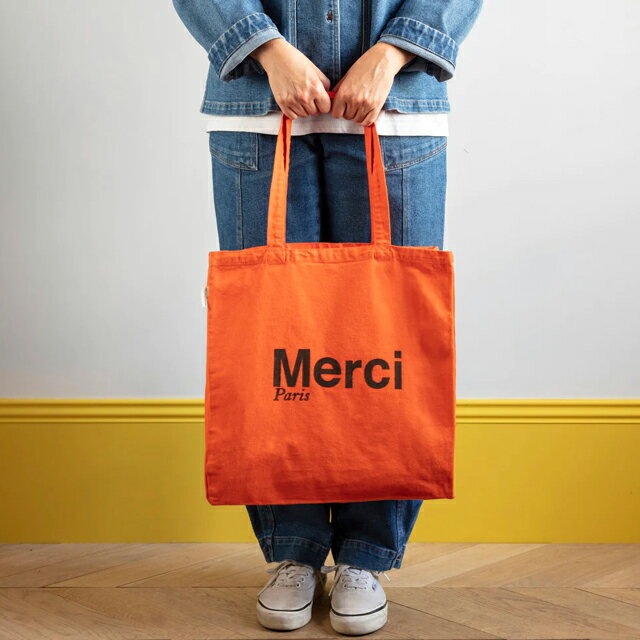 日本未発売【パリ直輸入】Merci cotton Tote Bag - Orange Brown メルシーパリ トートバッグ コットンBIO製 オレンジ＆ブラウン Large