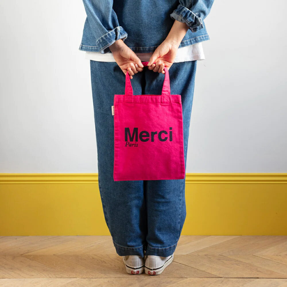 日本未発売【パリ直輸入】Merci cotton Tote Bag - Pink Navy メルシーパリ トートバッグ コットンBIO製 ピンク×ネイビー Mini