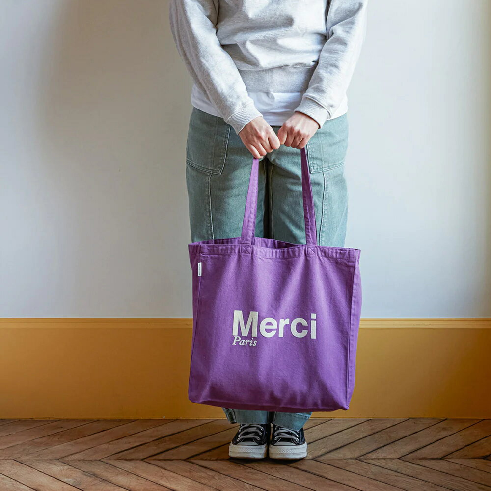 日本未発売【パリ直輸入】Merci cotton Tote Bag - Purple Ecru メルシーパリ トートバッグ コットンBIO製 パープル＆エクリュ Large