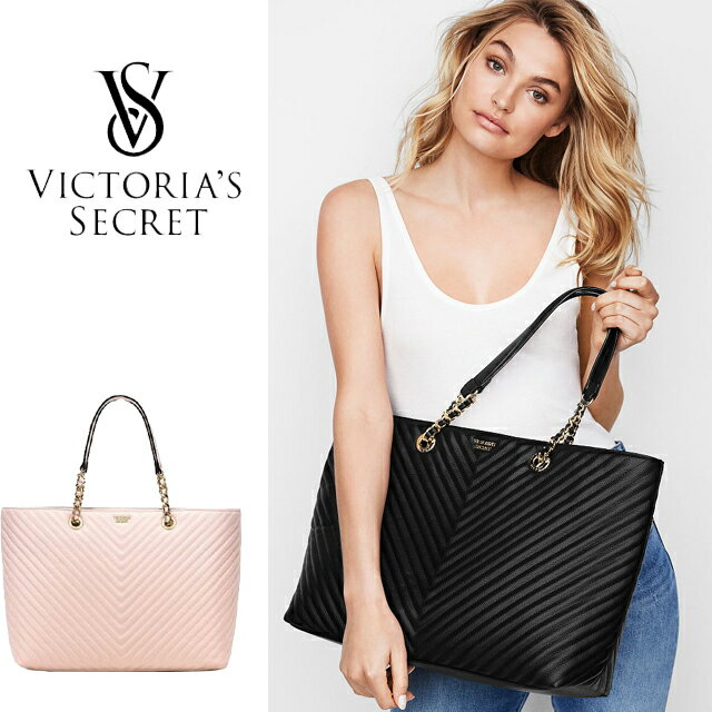 【送料無料】VICTORIA'S SECRET Pebbled V-Quilt Everything Tote ヴィクトリアシークレット トートバッグ ママバッグ 大きめ Vキルト ブラック ライトピンク