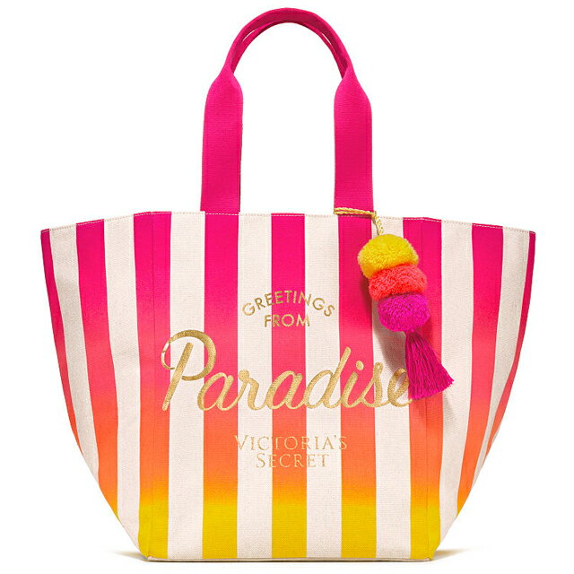 【送料無料】VICTORIA'S SECRET Bombshell Paradise Tote ヴィクトリアシークレット ビクシー バッグ トートバッグ キャンバス ストライプ チャーム付