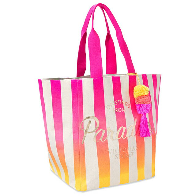 【送料無料】VICTORIA'S SECRET Bombshell Paradise Tote ヴィクトリアシークレット ビクシー バッグ トートバッグ キャンバス ストライプ チャーム付