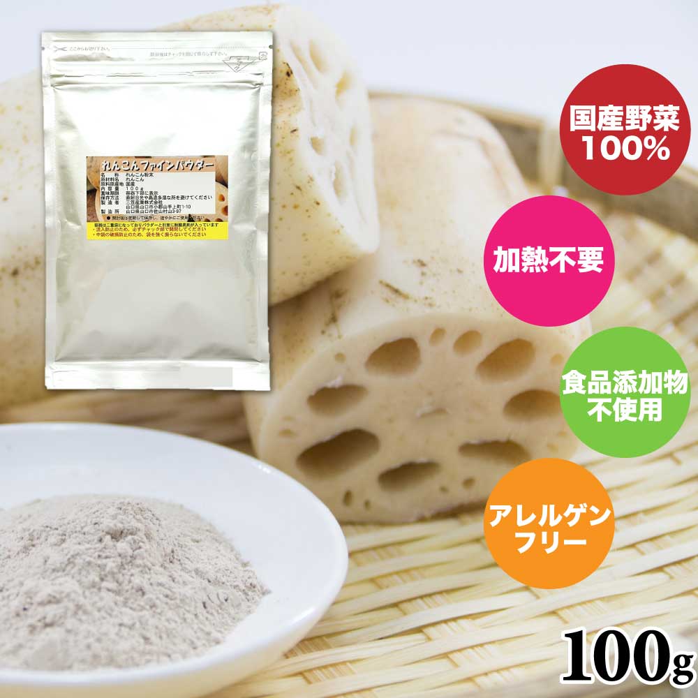 れんこんファインパウダー 無添加 100g ［ 1袋〜5袋 ］三笠産業 「 野菜パウダー 」 加熱不要 アレルゲンフリー 微粒子粉末 国産野菜 モチモチ食感 JC メール便 送料無料