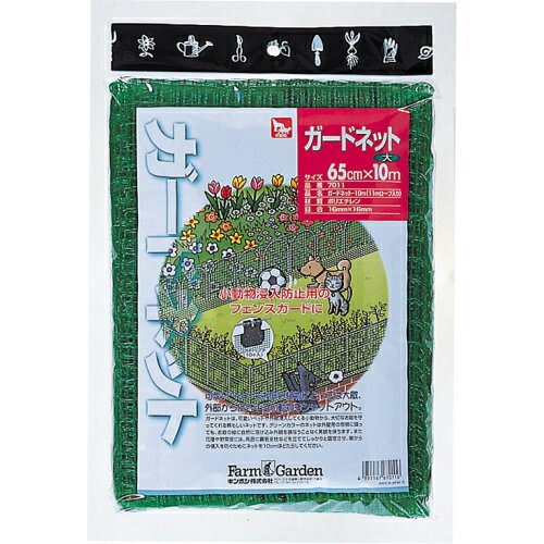 ■キンボシ ガードネット 65cm×10m ■ペットや小動物から大切なお庭を守る！ ・ペットや外部侵入してくる小動物から大切なお庭を守る、頼もしいフェンスガードネット！・グリーンカラーのネットなので、お庭の緑に溶け込み外観を損なうことなく美観を保ちます。 ■雨や風にも丈夫！ ・ポリエチレン製なので雨や風にも強い！・耐久性があり、長期にわたり使用できます。 ■製品仕様 ・品番　：　7011・全長　：　65cm×10m・目合　：　0.075mm・材質　：　ポリエチレン・付属品　：　ワイドパンチ10個、張りロープ11m入り
