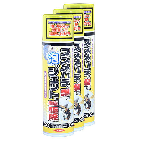 イカリ消毒 ハチの巣駆除ムース 300ml×3本セット ムースの泡がスズメバチの巣をまるごと包んで簡単駆除！ 3メートルの長距離噴射で離れたところから使用可能！ 処理した場所がわかりやすい泡タイプです！ 仕様 品名 イカリ消毒 ハチの巣駆除ムース 300ml×3本セット JANコード 4906015031366 本体サイズ（概略寸法） 幅60mm 奥行60mm 高さ235mm 本体重量 約400g 内容量 300ml×3本セット 主成分 プラレトリン・プロフルトリン